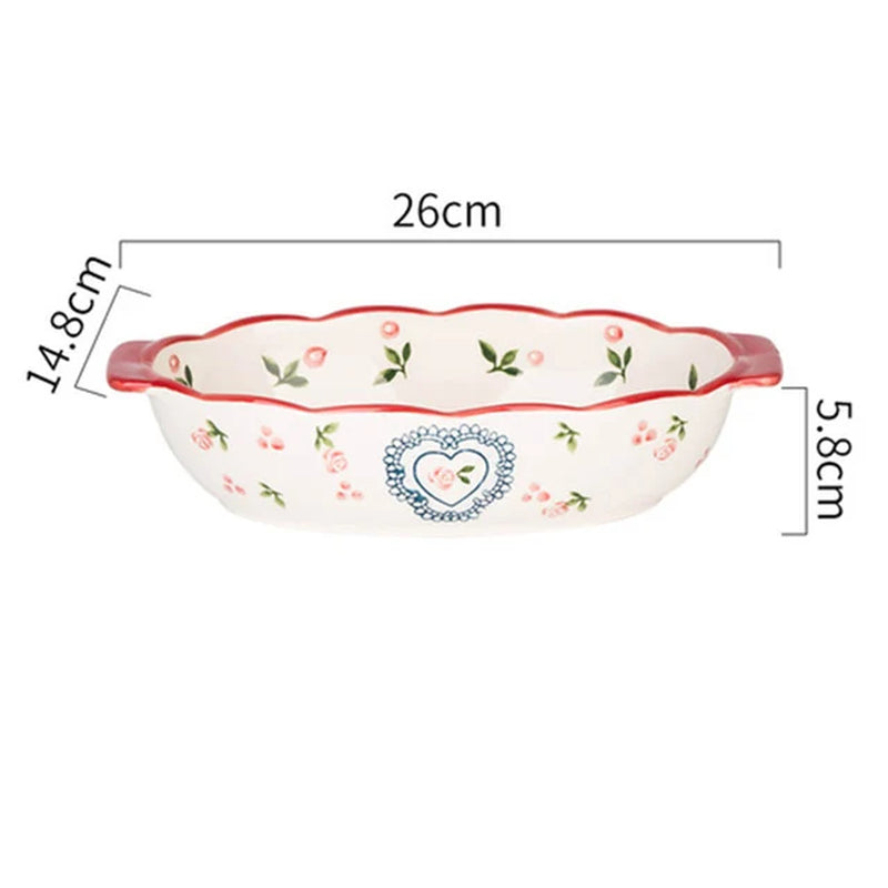 Flowers Rectangular Oval Bakeware Pan with Handle Ceramic Baking Dish Roasting Lasagna Pan Kitchen Salad Cheese Baked Pan