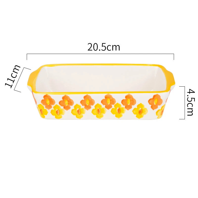 Flowers Rectangular Oval Bakeware Pan with Handle Ceramic Baking Dish Roasting Lasagna Pan Kitchen Salad Cheese Baked Pan