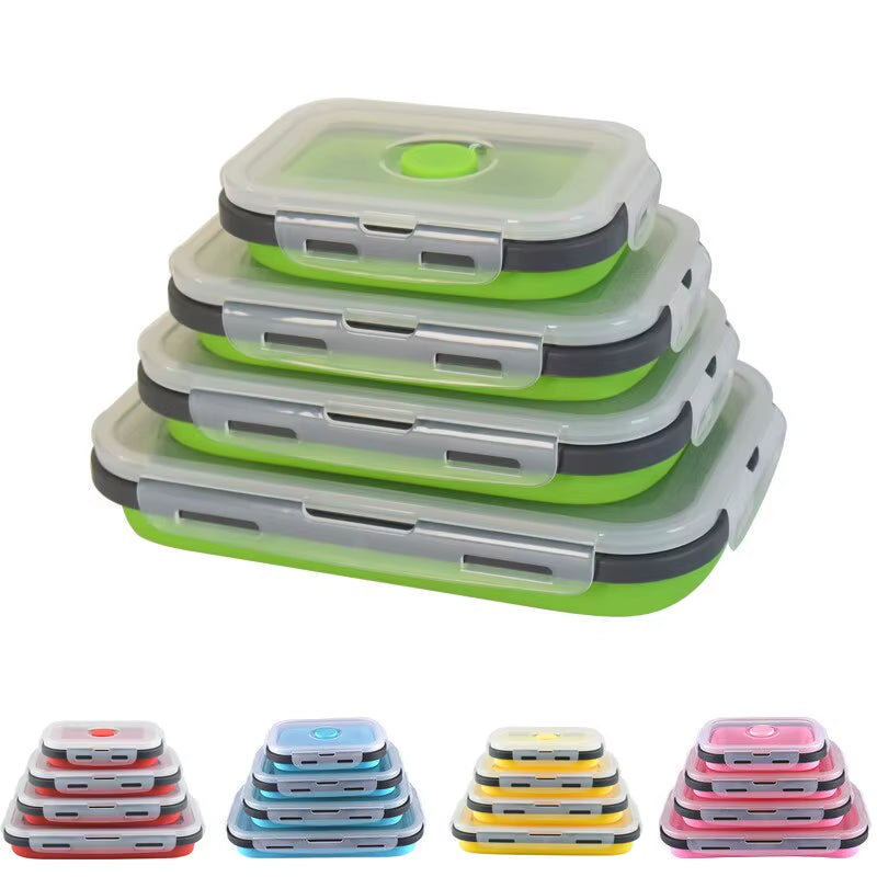 4PCS Foldable Silicone Lunch Box Portable Microwave Heated Lunch Box Square Silicone Preservation Box Kitchen Supplies