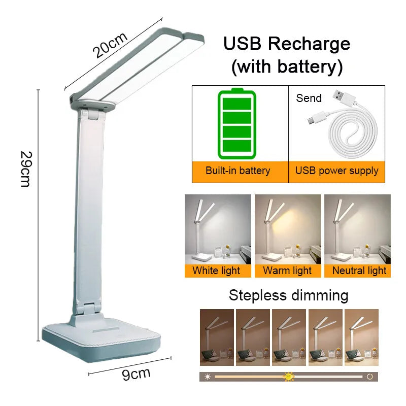 LED Desk Lamp USB Rechargeable Table Lamp 3 Levels Dimmable Touch Desk Lighting Eye Protection Foldable for Bedroom Desk Light