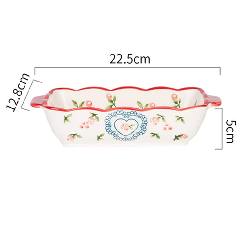 Flowers Rectangular Oval Bakeware Pan with Handle Ceramic Baking Dish Roasting Lasagna Pan Kitchen Salad Cheese Baked Pan