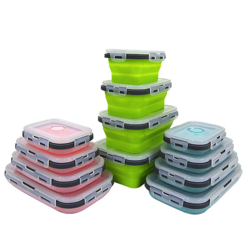 4PCS Foldable Silicone Lunch Box Portable Microwave Heated Lunch Box Square Silicone Preservation Box Kitchen Supplies