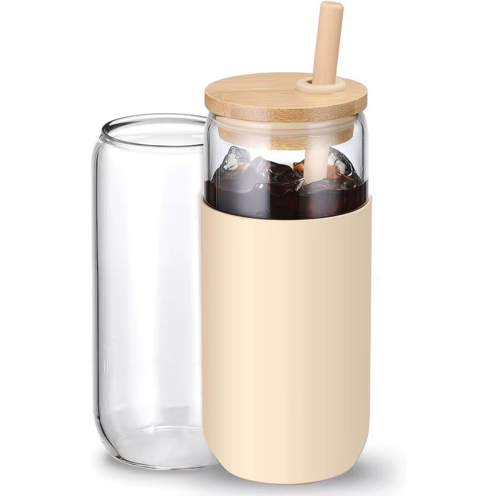 16Oz Beer Can Shaped Tumbler with Straw & Bamboo Lid, and Protective Sleeve - for Iced Drinks, Smoothies, and Gifts